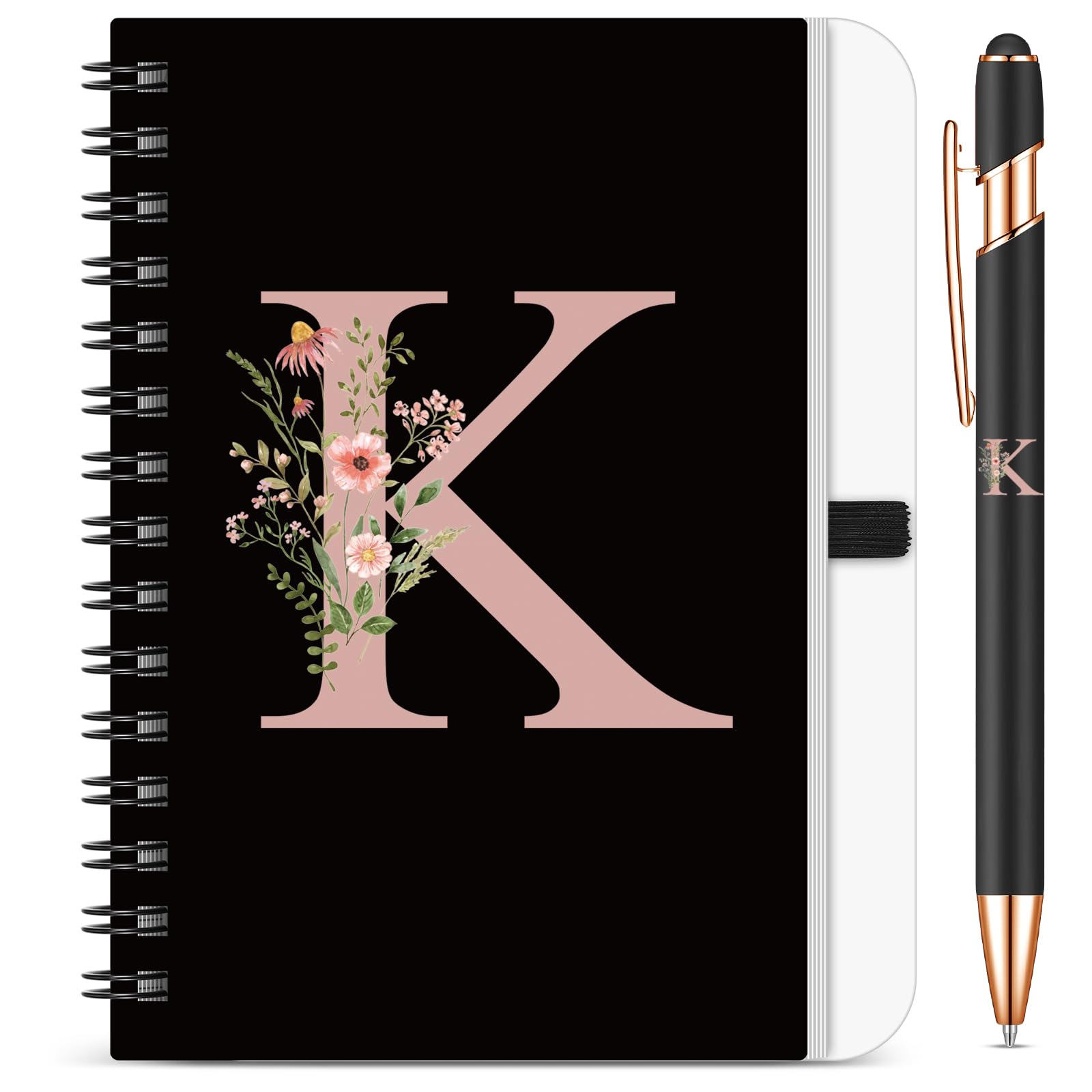 BBTO 1 Set Initial Letter Notebook for Women Personalized Gifts Floral B6 Notebook with Ballpoint Pen for Graduation Gifts Teacher Appreciation Birthday Office Christmas Supplies(Letter K)