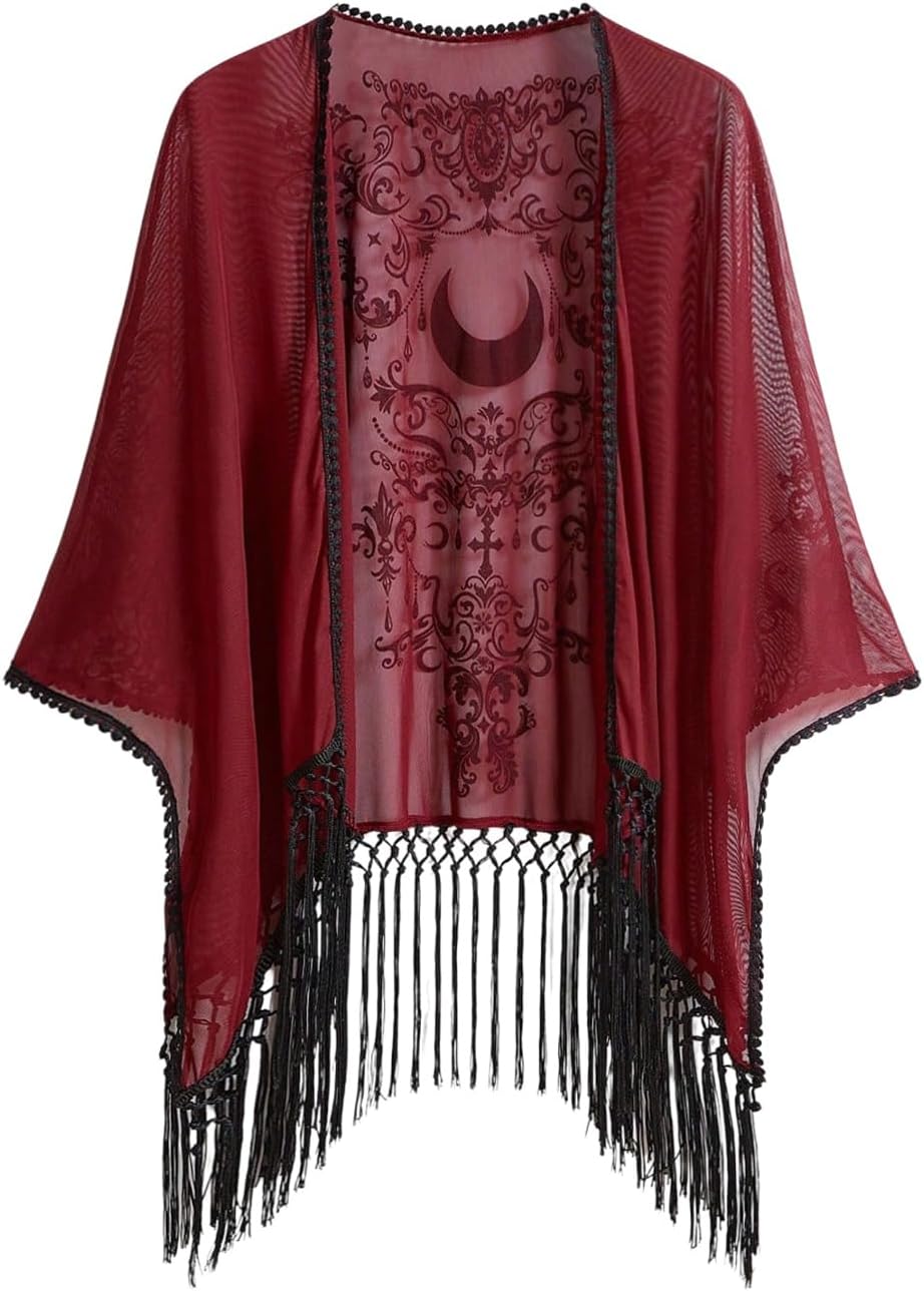 Women's Goth Graphic Open Front Kimonos Boho Hippie Fringe Sheer Mesh 3/4 Sleeve Shawl Poncho Cardigan
