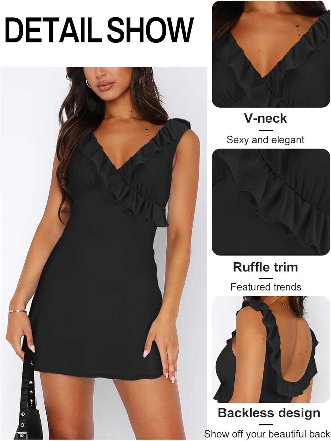 MIYIEONZ Women's Sexy V Neck Sleeveless Backless Ruffles Dress for Women Elegant Mesh Party Fitted Cocktail Mini Dresses - Image 4