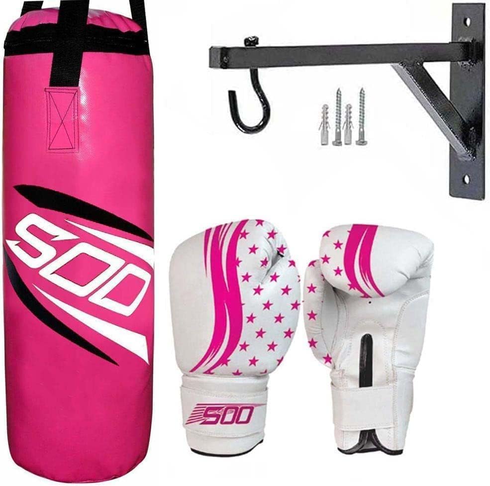 Kids Punching Bag Set, Unfilled Junior Kick Boxing Bag Kit with Gloves Pads & Hanging 12’’ Wall Bracket, Heavy Duty Wall Mounted Punch Bag for Youth MMA, Martial Art Thai Training (PInk)