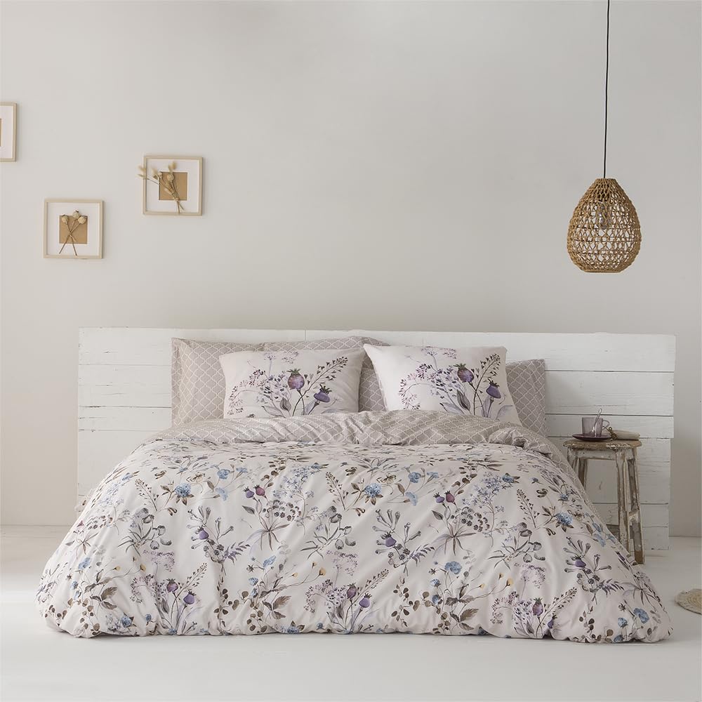 COTTON ARTean Funda Nórdica Cama 135 Satén 200 Hilos Arina Beige Botones | Incluye 2 piezas: F. Edredón 220x220 +1 F.de Almohada Cierre Botones.Reversible. Algodón Certificado OEKO-TEX