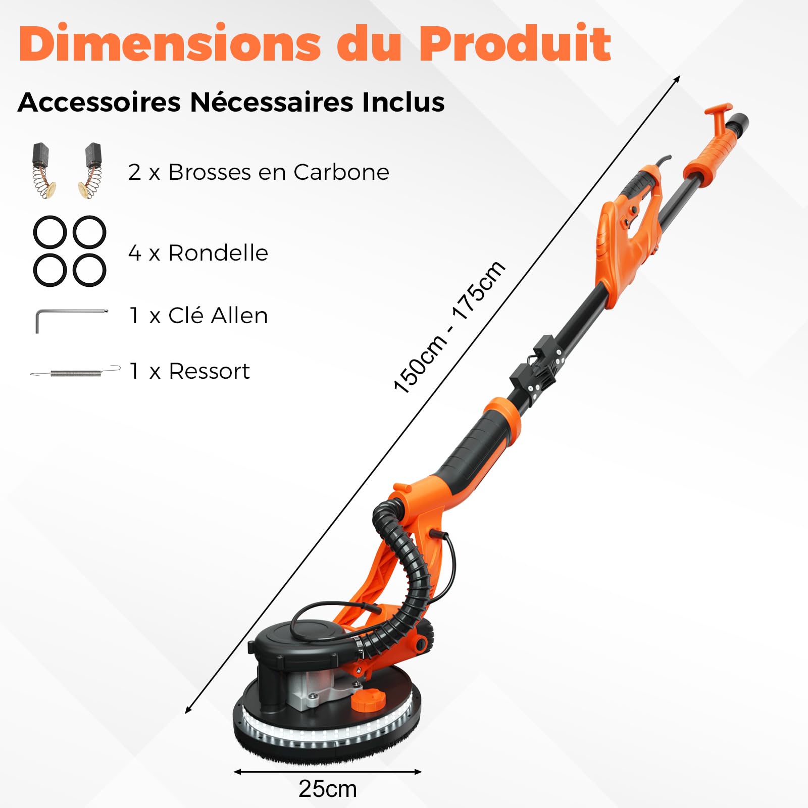 GOPLUS Ponceuse Girafe Aspirante 750W, Ø225mm, Lumières LED, 6 Vitesse, 800-1500 tr/m, Ponceuse Mur et Plafond Électrique Pliable avec Manche Télescopique, 12 Disques Abrasifs 80-240, Sac de Transport