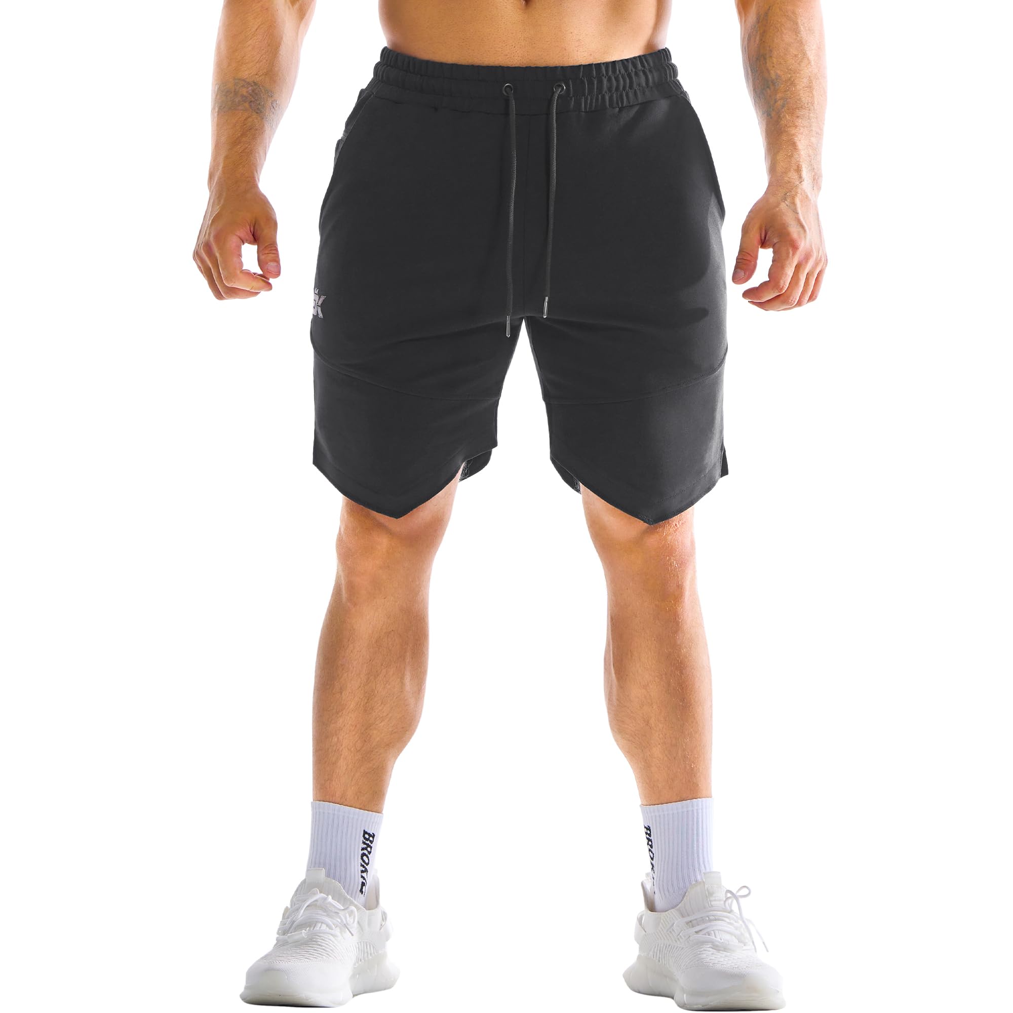 BROKIG Gym Sporthose Herren Kurz Baumwolle Fitness Shorts | Laufhose Herren Kurz mit Versteckte Reißverschlusstasche, Slim Fit Trainingshose Herren Kurz, Sport Shorts Herren