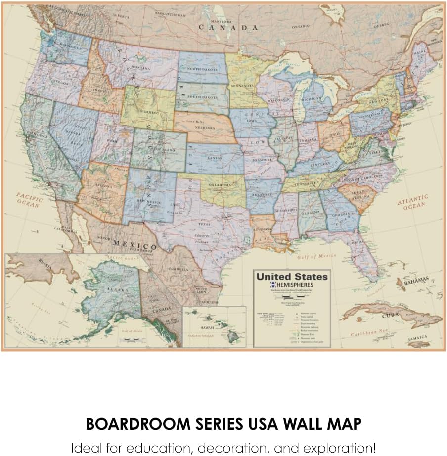 Waypoint Geographic Boardroom Series USA Wall Map, Antique-Style Laminated World Map Poster, Educational Wall Art For Home, Classroom, or Office, Unique Gifts, 48” x 38”