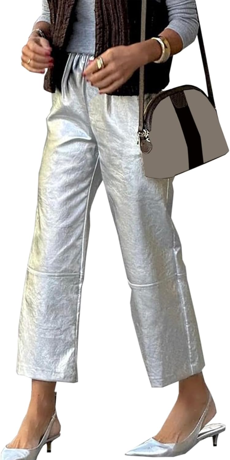 Women Long Pants Casual Straight-Leg Metallic Trousers Loose Stretchy Waist Business Office Pants with Pockets