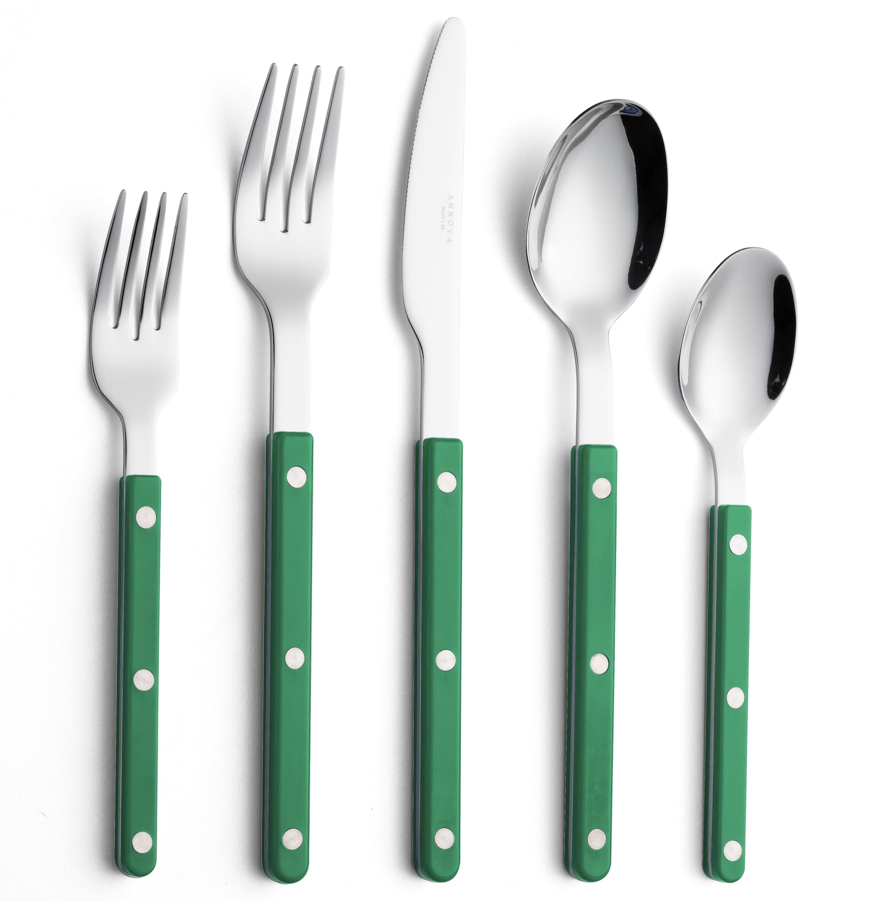 ANNOVA Silverware Set, Retro/Rivet Colorful Stainless Steel Tableware Kitchen Flatware Set Utensils, Includes Dinner Knives, Forks, Spoons, Salad Forks & Dessert Spoons (Green, 10 Pieces)