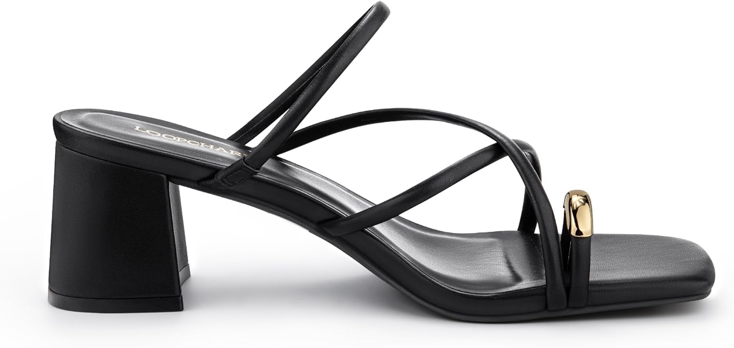 Women’s Strappy Sandals Mules Dress Low Chunky Block Heel Square Open Toe Slip On Shoes with Metal Toe Ring