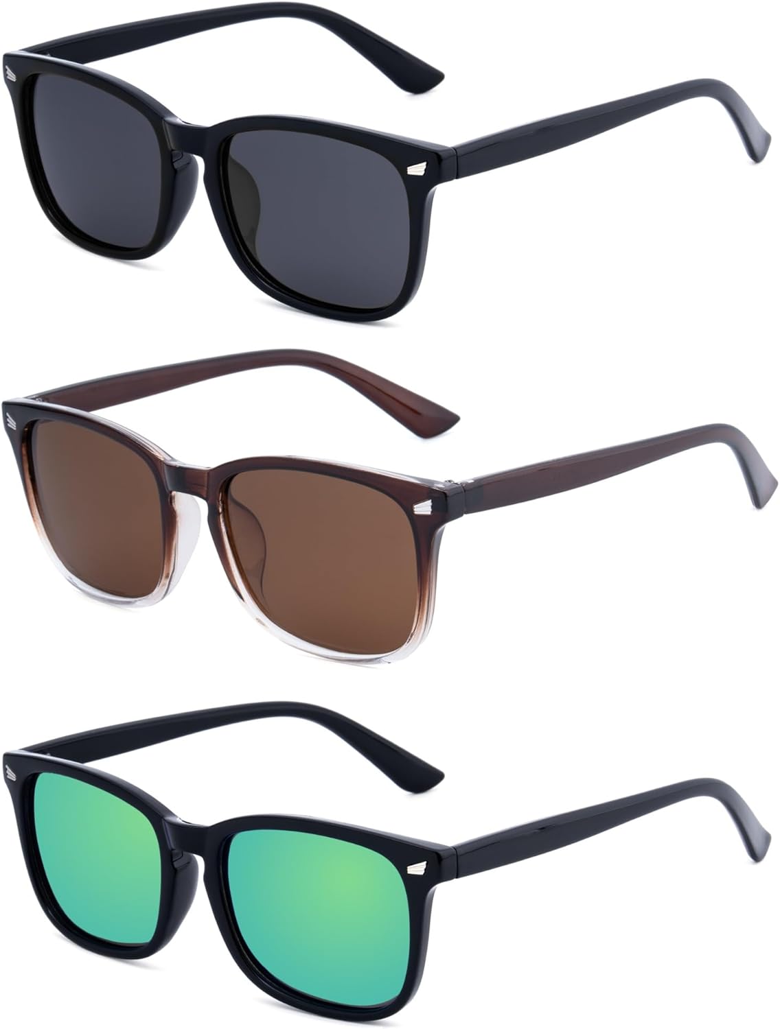 RONSOU Womens Fashion Designer Polarized Sunglasses UV400 Protection Sun Glasses -Black + Brown + Black_green(3 Pcs)