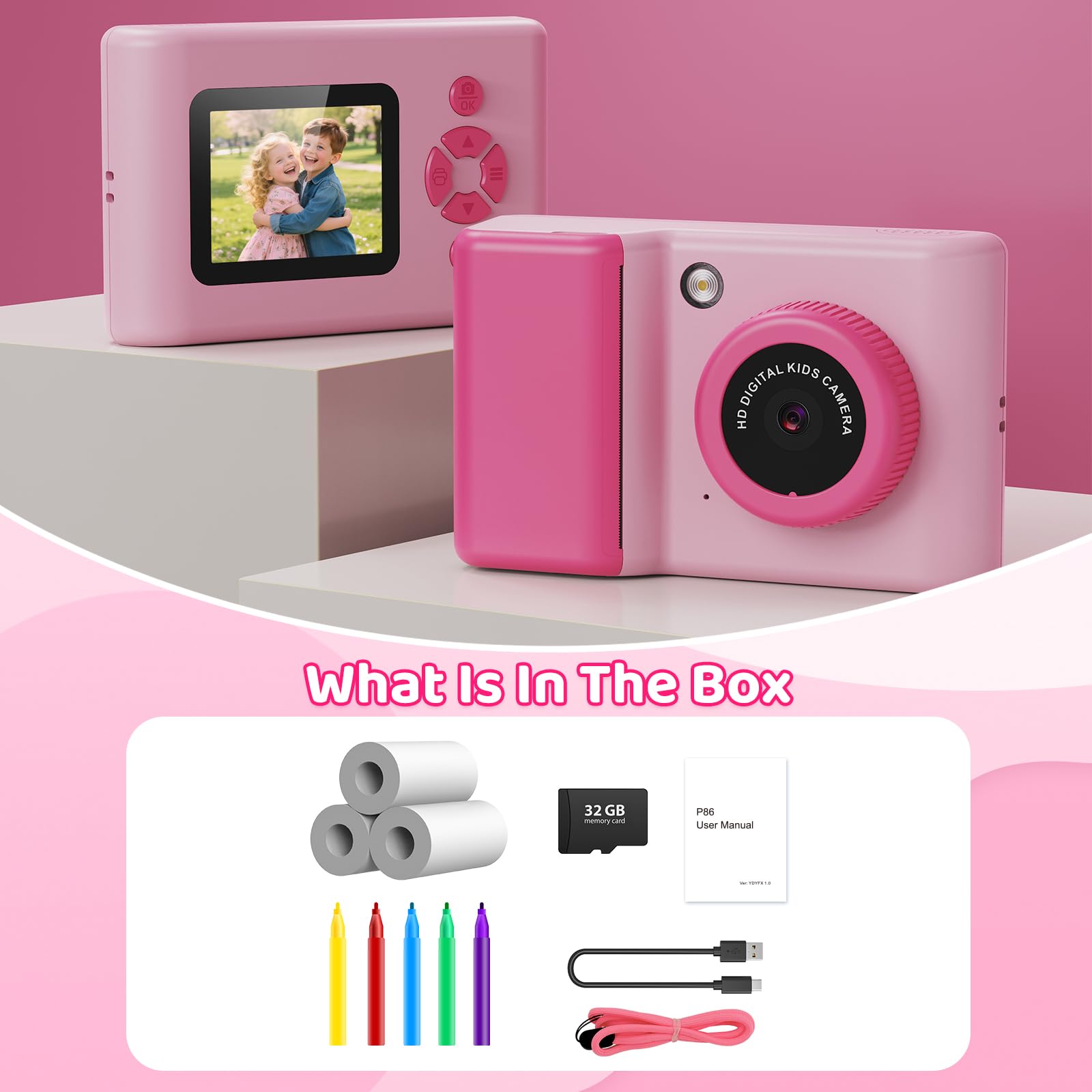 Ushining Cámara instantánea para niños, 1080P HD, cámara instantánea con tarjeta de 32 GB y papel de impresora, pantalla IPS de 2,4 pulgadas, cámara digital, regalos para niños/niñas de 3 a 12 años