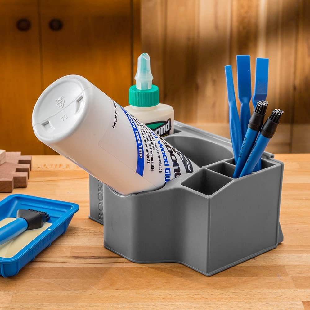ROCKLER Glue Caddy - Durable & Non-Slip Caddy Organizer - Easy to Carry Storage Caddy w/Rear Clip - Plastic Caddy to Hold Glue Bottles, Brushes, Spreaders - Glue Art Caddy for Woodworking, DIY & More