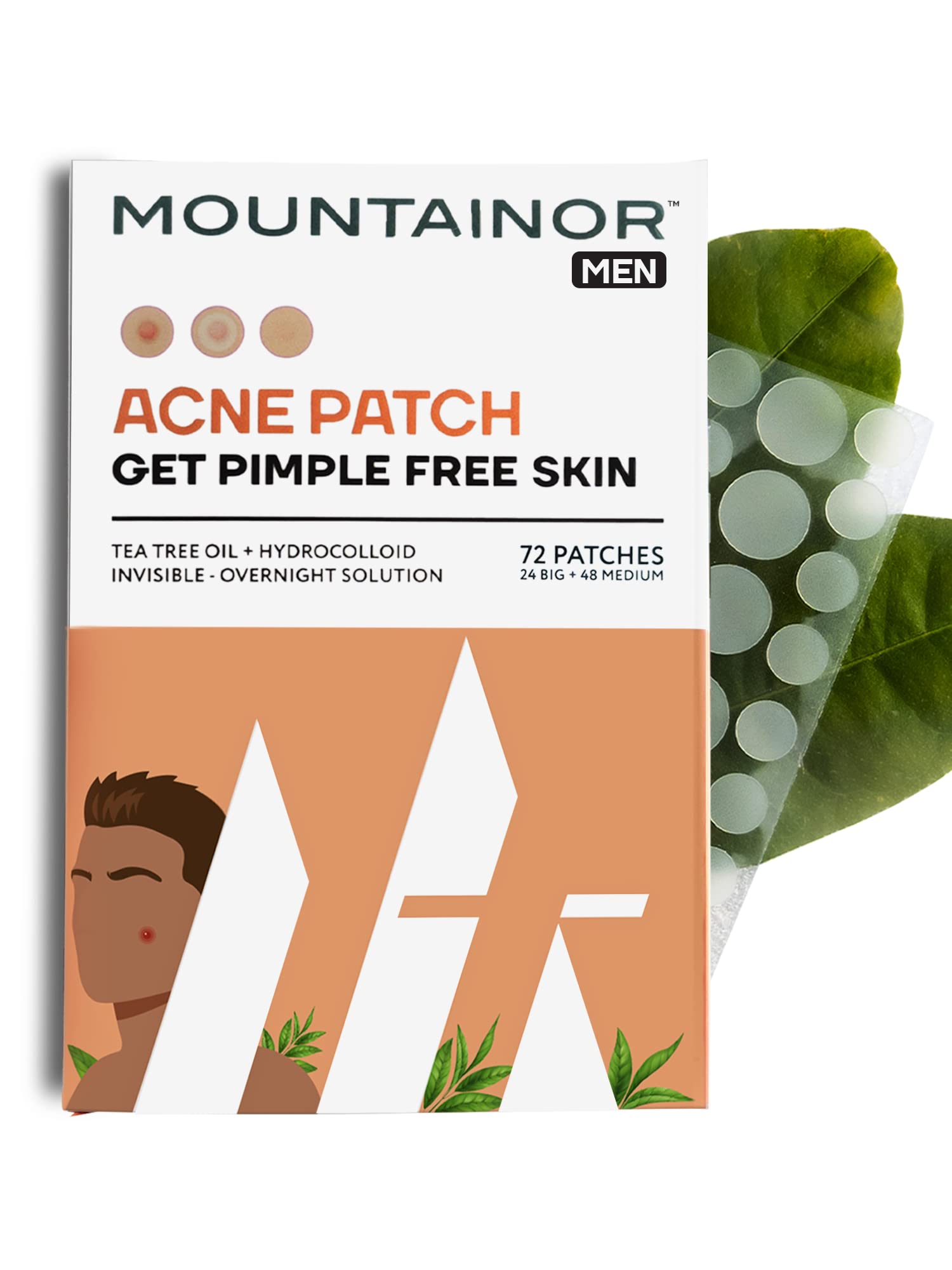 MOUNTAINOR® Acne Pimple Patch For Men - Hydrocolloid + Tea Tree Oil Potent Spot Cover, Fast Breakout Healing, Overnight Removal Of Acne Gunk, Waterproof Invisible Patches, Safe & Certified 72 Patches.