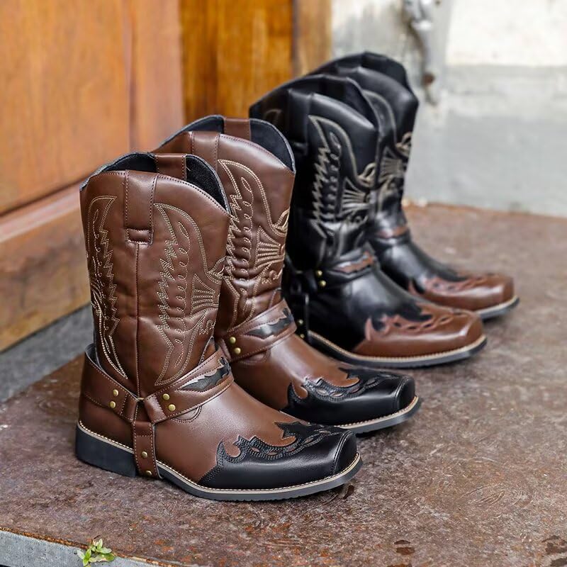 Image of Cowboy Boots for Men - Western Men's Boots with Classic Embroidered, Slip on Square Toe Boots, Slip Resistant Country Boots