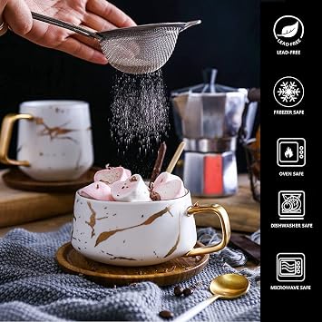 Tea Cup and Saucer Set, Porcelain Espresso Coffee Cup Set, with Saucer and Spoon, Ceramic Mugs for Home, Restaurants - White, 300 ml, 1 Pcs
