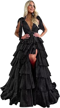Womens Tiered Tulle Prom Dresses Long Ruffles Ball Gown V Neck A-Line Formal Evening Party Gowns with Slit