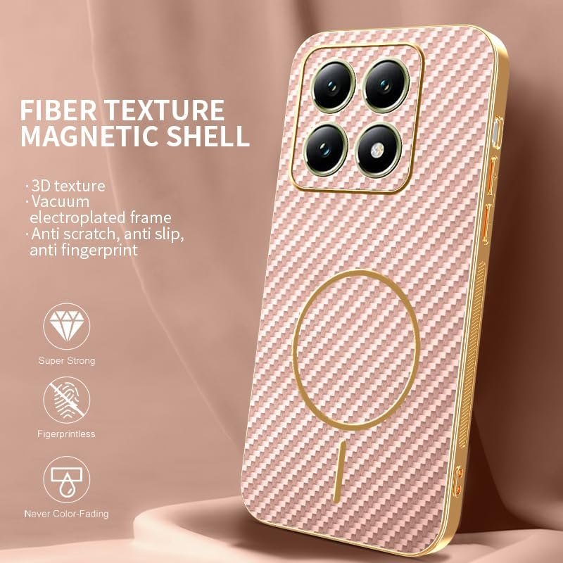Capa de telefone para Xiaomi 15T compatível com MagSafe capa de silicone textura de fibra de carbono 3D, fina para Xiaomi 15T, à prova de choque, anti-arranhões e impressões digitais (rosa)