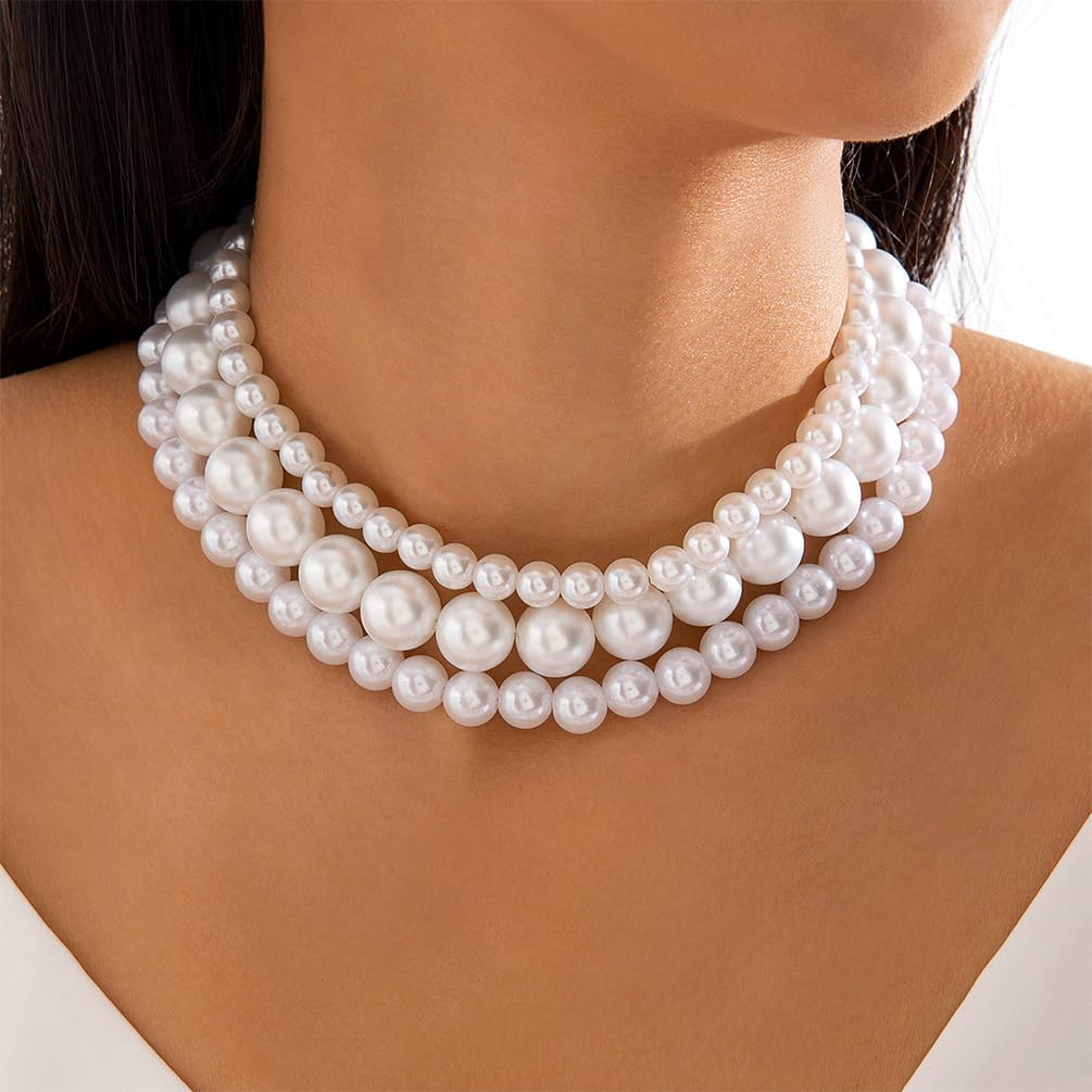 Layered Boho Chunky Pearl Choker Necklace for Women, Bohemia Vintage Thick Round Oval Pearls Pendant Chain Necklace Exquisite Party Prom Y2k Jewelry - Image 3