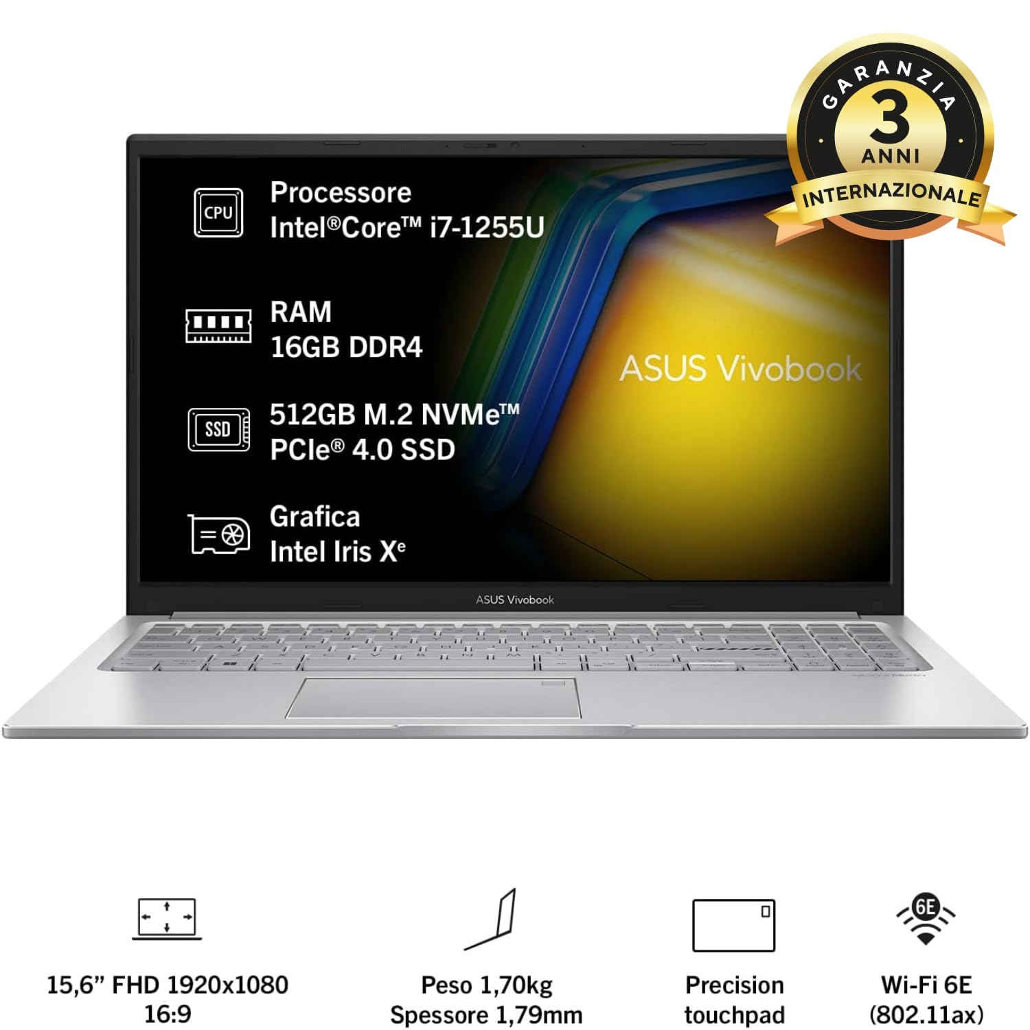 ASUS Vivobook 15 F1504ZA#B086ZCDRL7, Notebook con Monitor da 15,6" FHD Anti-Glare, 60Hz, Intel Core 12ma gen i7-1255U, RAM 16GB, 512GB SSD PCIE, grafica Intel Iris Xe, WIN 11 HOME, Argento