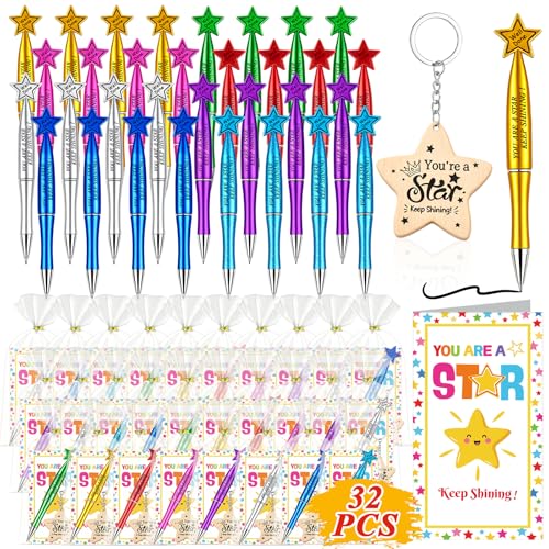 Huiboome 32 Pack End of Term Gifts for Children End of Year Class Gifts for 30 Children - School Leavers Gift Include Motivational Star Pen Keyring With Cards to Pupils Primary Classroom Rewards