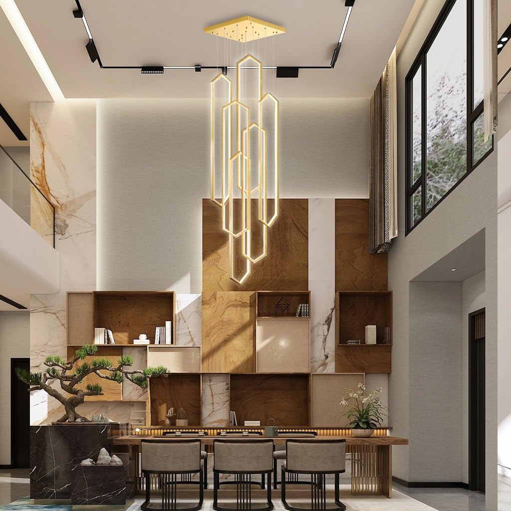 Stesulfr Gold Modern LED Chandelier Aluminum Large Pendant Light for High Ceilings Remote Control 6-Light for Staircase Foyer Living Room Entryway 3000K-6000K for Villa Foyer Hanging Lamp(Gold,6 light