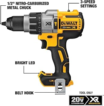 DEWALT 20V MAX XR Cordless Hammer Drill Driver Brushless, Heavy Duty 1/2, 3-Speed, Tool Only (DCD996B)