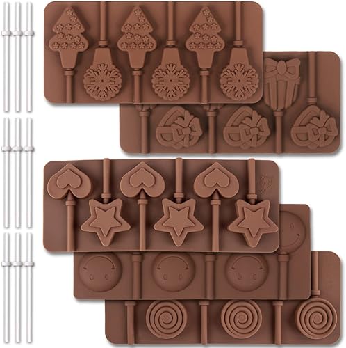 Molde de silicona para paletas de 6 cavidades, molde de caramelo, molde de caramelo de Navidad, redondo típico, estrellas y corazones, lazos,