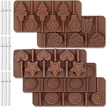 Cozihom 6 Cavity Silicone Lollipop Mold, Candy Mold, Christmas Candy Mold, Typical Round, Stars & Hearts, Bowknots, Christmas, Smile Faces Shape, 5 PCS, and 130 PCS Lollipop Sticks.