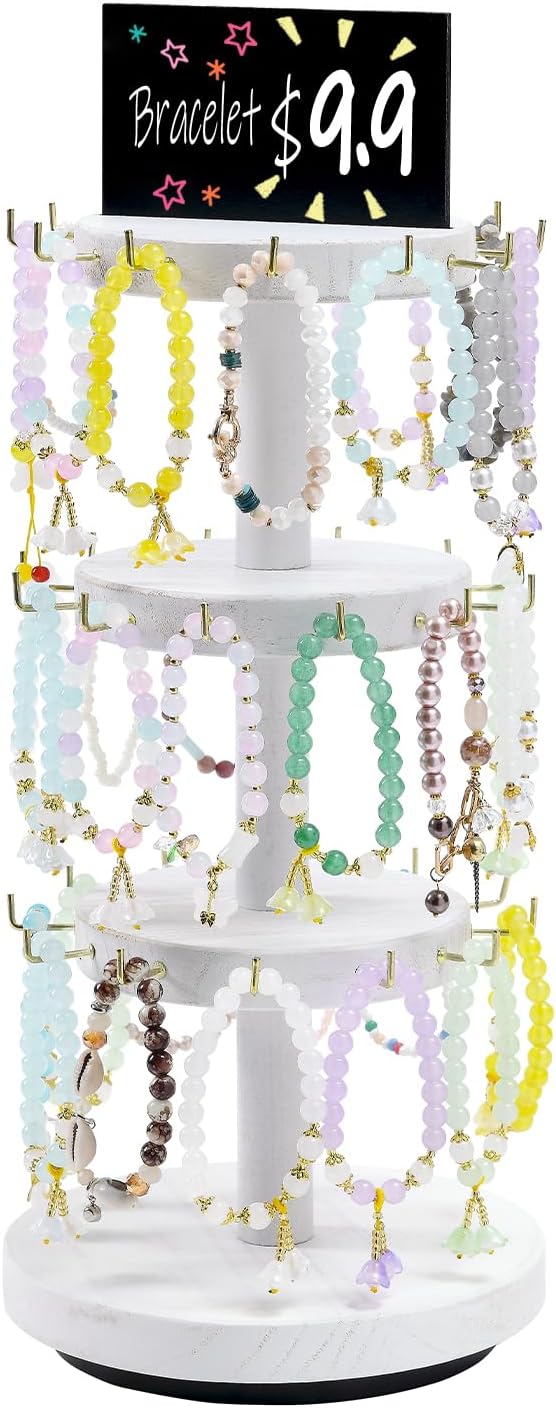 Pinzoveco Bracelet Holder, 3 Tier Wooden Rotating Bracelet Display Stand, Tree Stand Vendor Booth Display with Adversitsing Board, 36 Hooks for Bracelet, KeyChain Display Stands for Selling, Brown (Patent Pending)