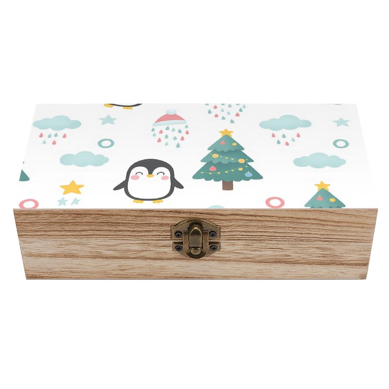HLBSDM Cute Christmas Penguins Retro Wooden Storage Box Jewelry Art Gift Boxs Decorative Keepsake Boxes