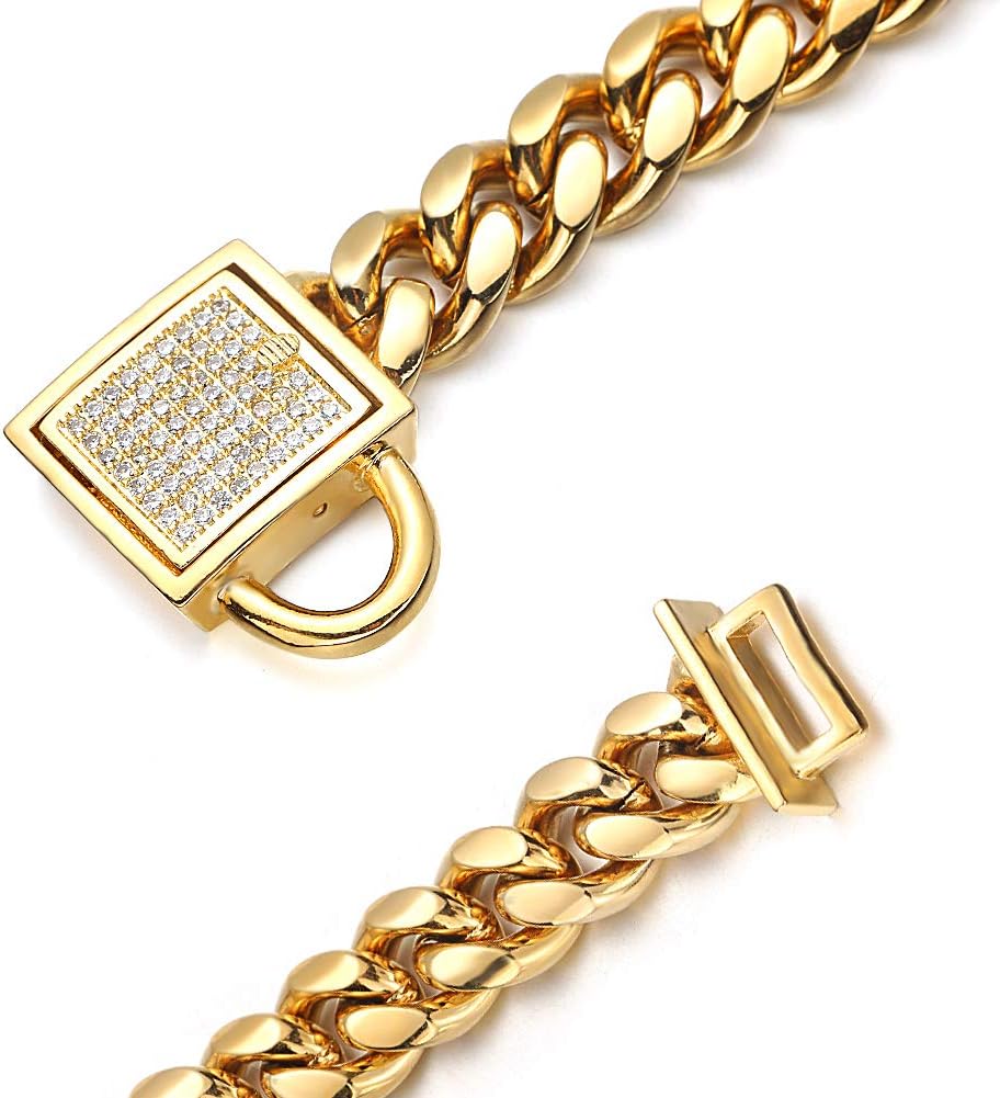 Gold Dog Chain Collar 10mm Wide Cuban Link Puppy Collar 316L Stainless Steel with CZ Diamond Lock Bling Collar for Large Dogs(10mm Gold,20inch)