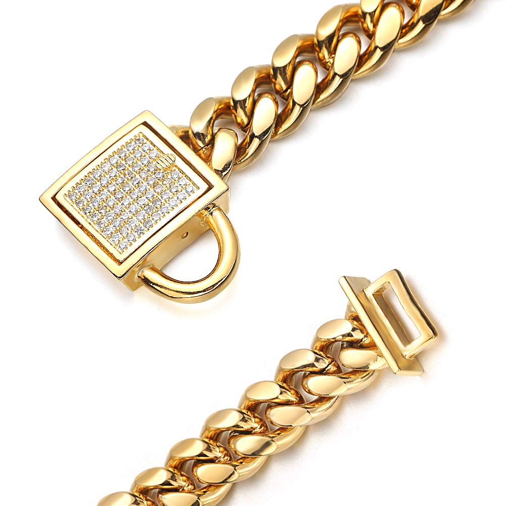 Collar de cadena dorado para perro, 10 mm de ancho, eslabones cubanos, collar para cachorros, acero inoxidable 316L con circonita cúbica y cierre de diamante, collar brillante para perros grandes (10