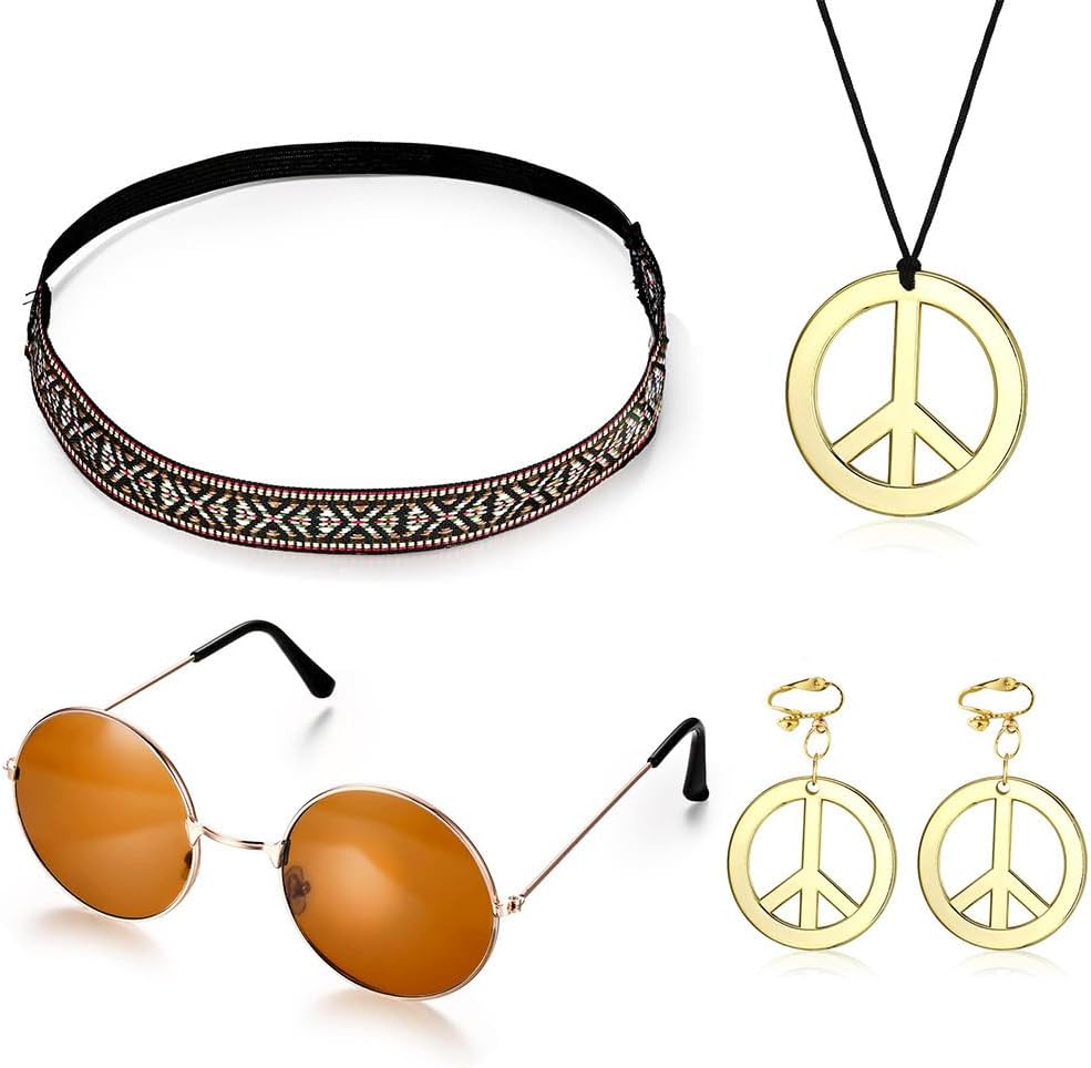 60s 70s Outfits for Women Party Accessories Peace Sign Earring Headband Fringe Vest Tassel Cardigan - Image 4