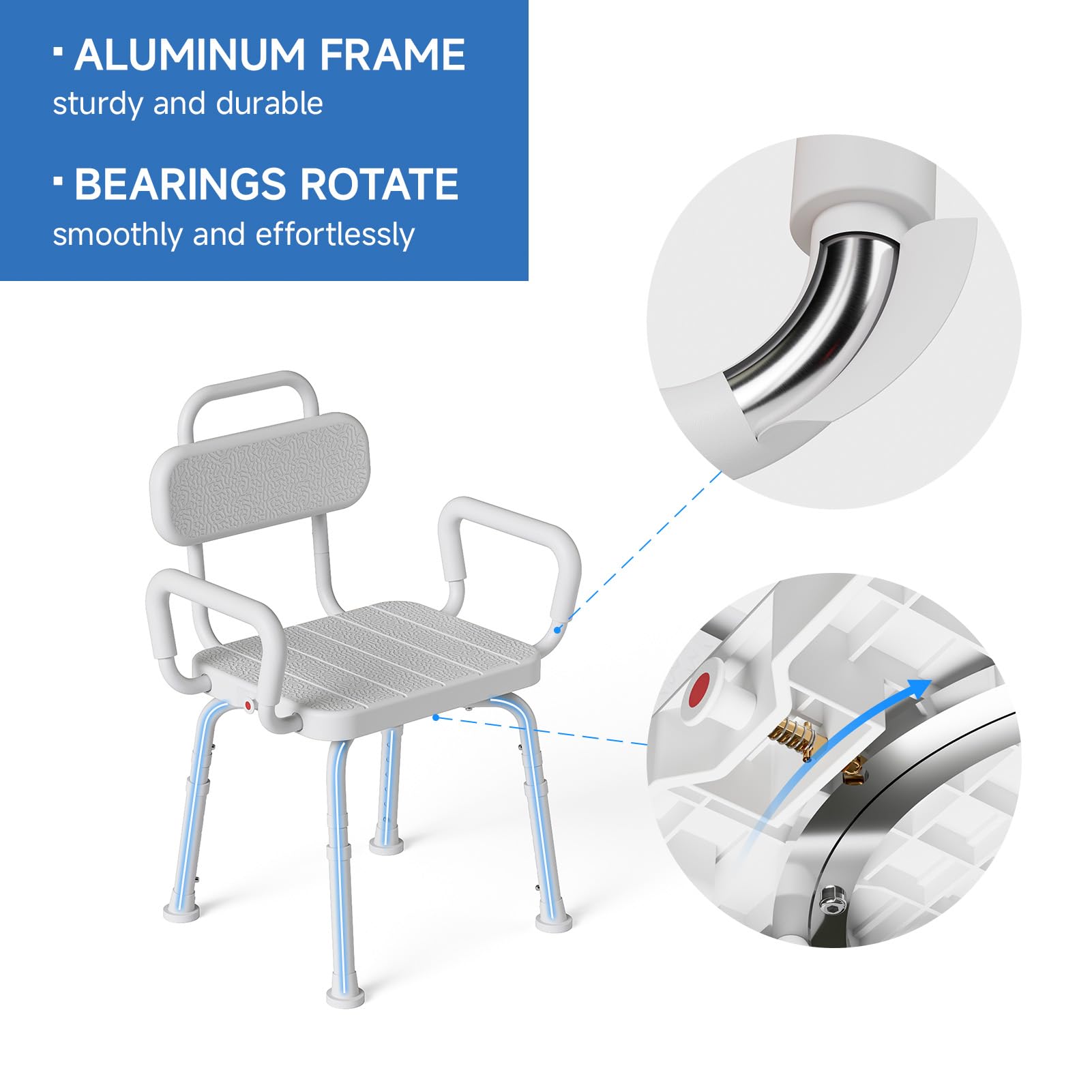 Loyoda Silla de ducha de aluminio con asiento giratorio de 360°, extraíble, respaldo y brazos, capacidad de 160 kg