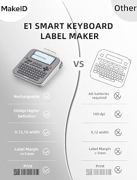 ماكينة صنع الملصقات المحمولة من طراز E1 - طابعة حرارية متوافقة مع تقنية Bluetooth - لوحة مفاتيح QWERTY ، شاشة LCD مقاس 4.42 بوصة - طابعات ملصقات ملصقات مقاومة للماء مقاس 9 مم ، 12 مم ، 16 مم - تتضمن كابل USB