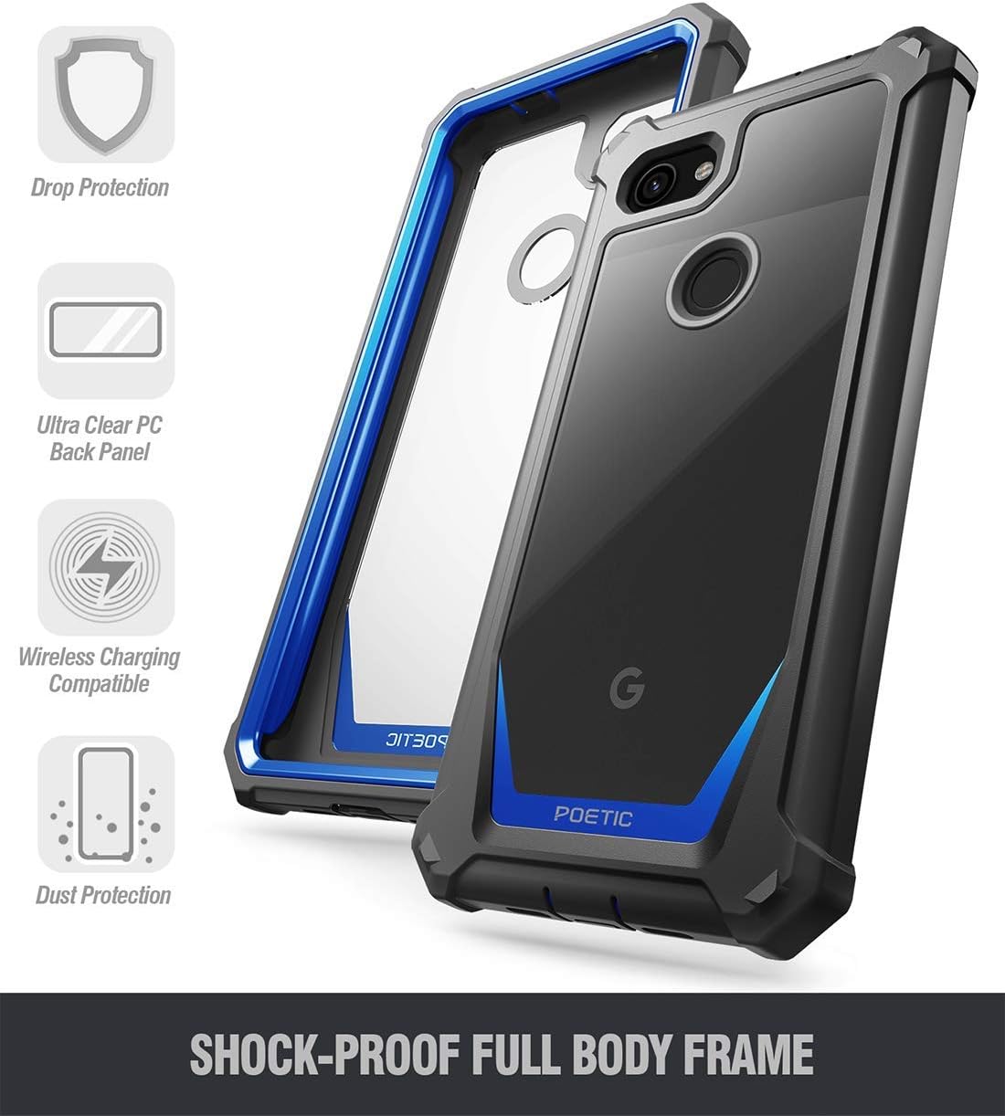 Poetic Google Pixel 3a XL Rugged Clear Case, Full-Body Hybrid Shockproof Bumper Cover, Built-in-Screen Protector, Guardian Series, Case for Google Pixel 3a XL (2019 Release), Blue/Clear