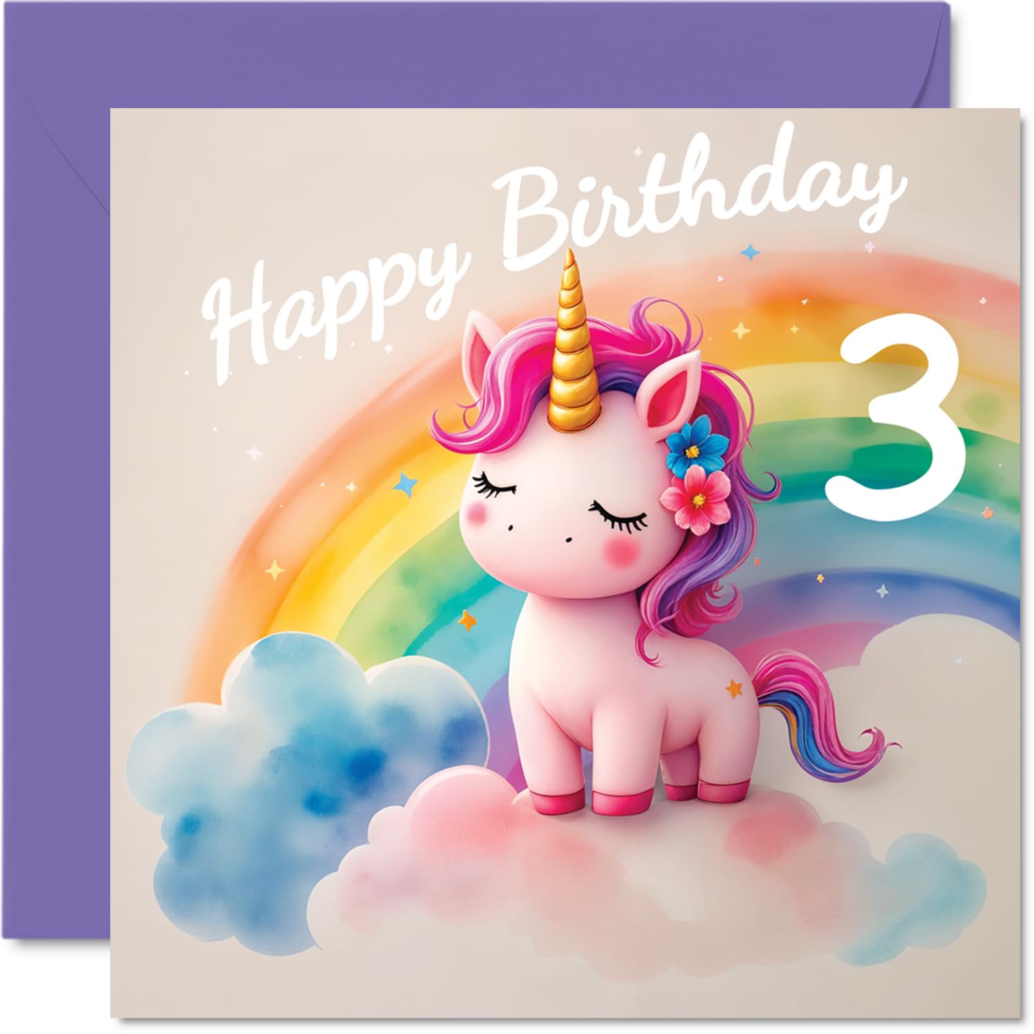 3rd Birthday Cards for Girls - Unicorn in the Clouds - Happy Birthday Card for 3 Year Old Girl Cousin Daughter Sister Goddaughter, 145mm Bday Greeting Cards