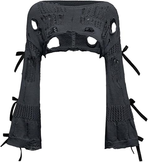 BEAUDRM Women's Crochet Bolero Shrug Hollow Out Ripped Bow Crop Top Goth Grunge Bell Sleeve Sweater Country Concert Outfits