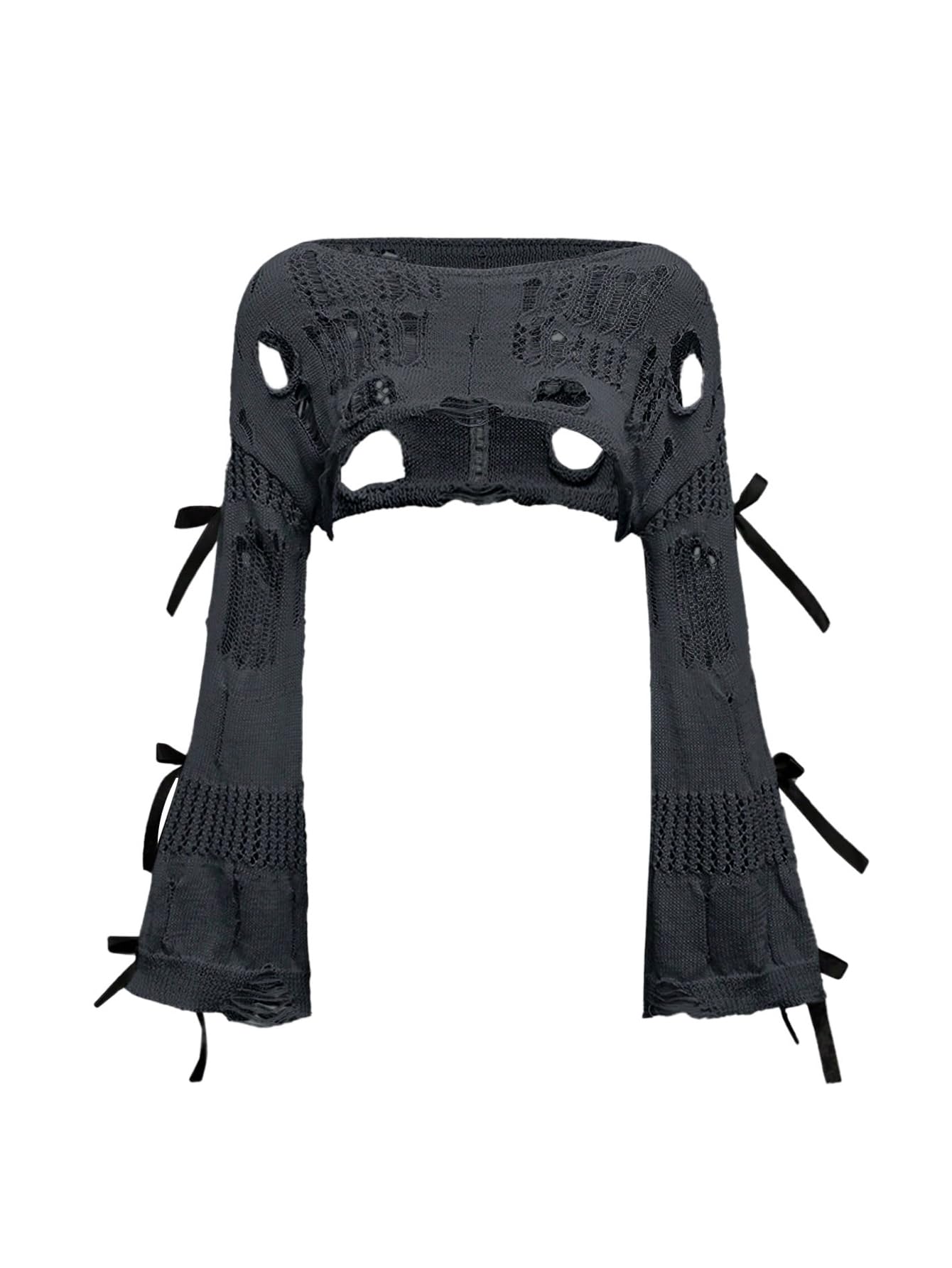 Womens Gothic Crop Top Hollow Out Ripped Bow Sweater Grunge Bell Sleeve Cropped Crochet Shrug