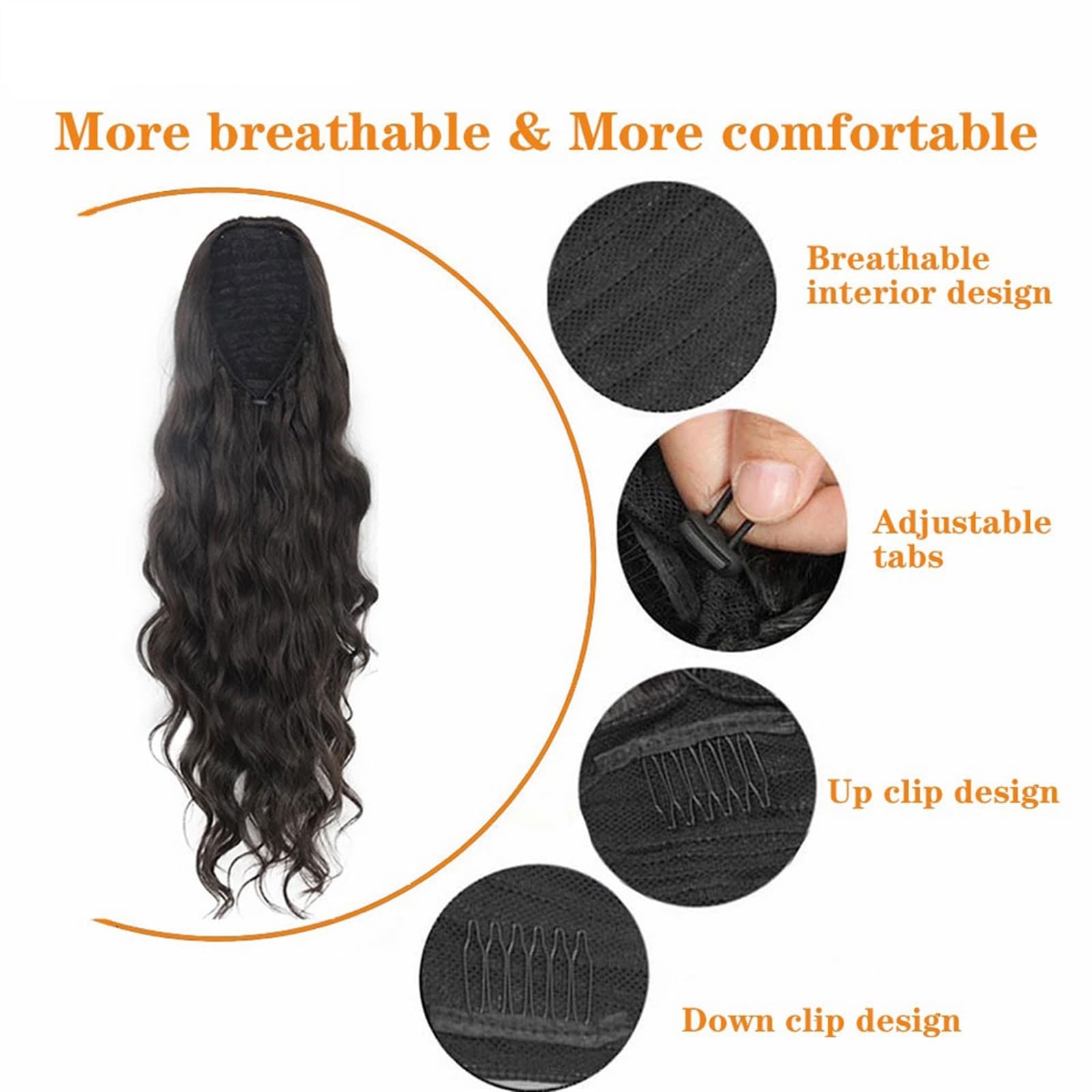 Przedłużenie kucyka Body Wave dla kobiet Długie faliste kucyk Ludzkie włosy spinka do ściągania w treski Czarna fala doczepiana Afroamerykanin Kucyk do codziennego użytku(22inches)