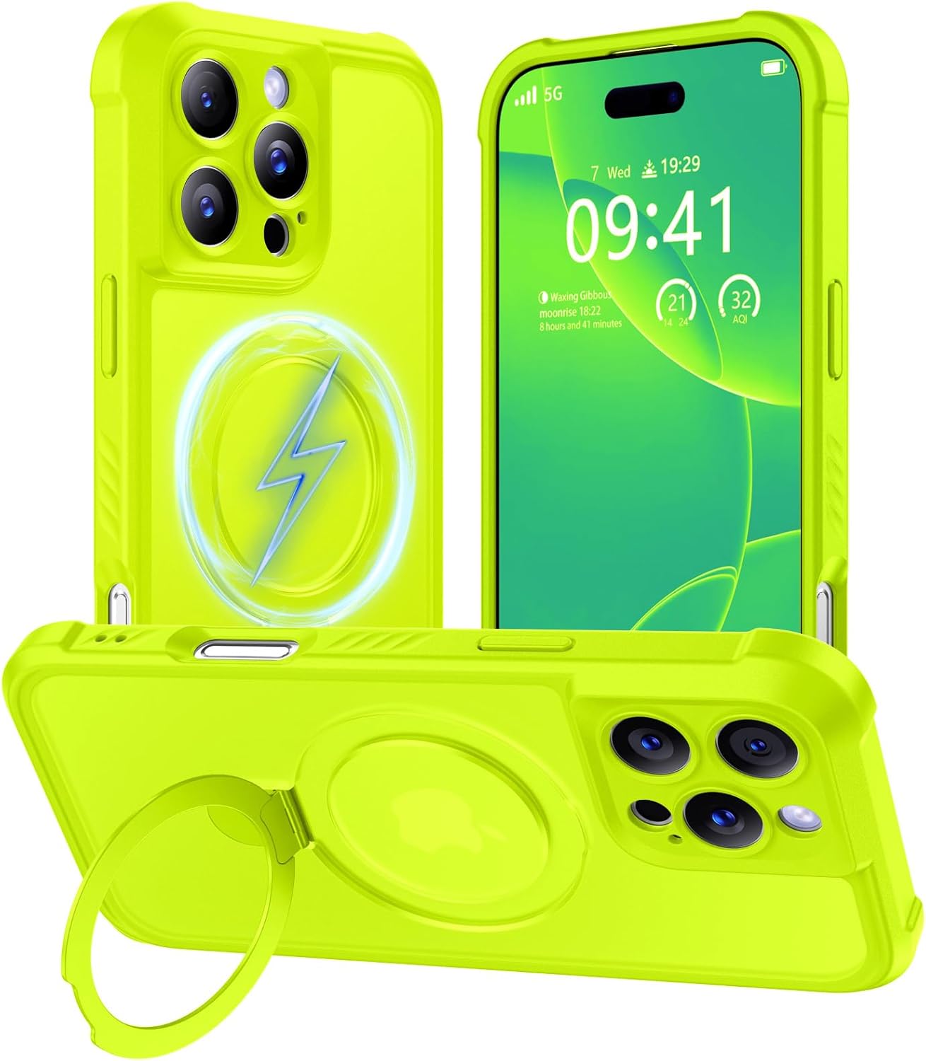 MOCCA Design for iPhone 16 Pro Max Case with Magnetic Invisible Stand [Full Camera Protection] [Compatible with Magsafe] Military Drop Shockproof Translucent Matte Case Cover 6.9",Fluorescent Green Fluorescent Green iPhone 16 Pro Max 6.9inch