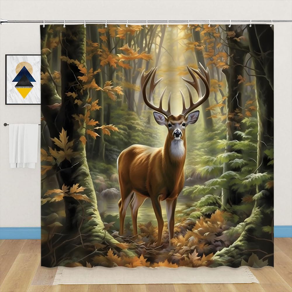 Forest Deer Shower Curtain Fall Hunting Theme Elk Wild Animal Country Rustic Farmhouse Bathroom Decor Fabric Curtains with Hook 70Wx90H Inches