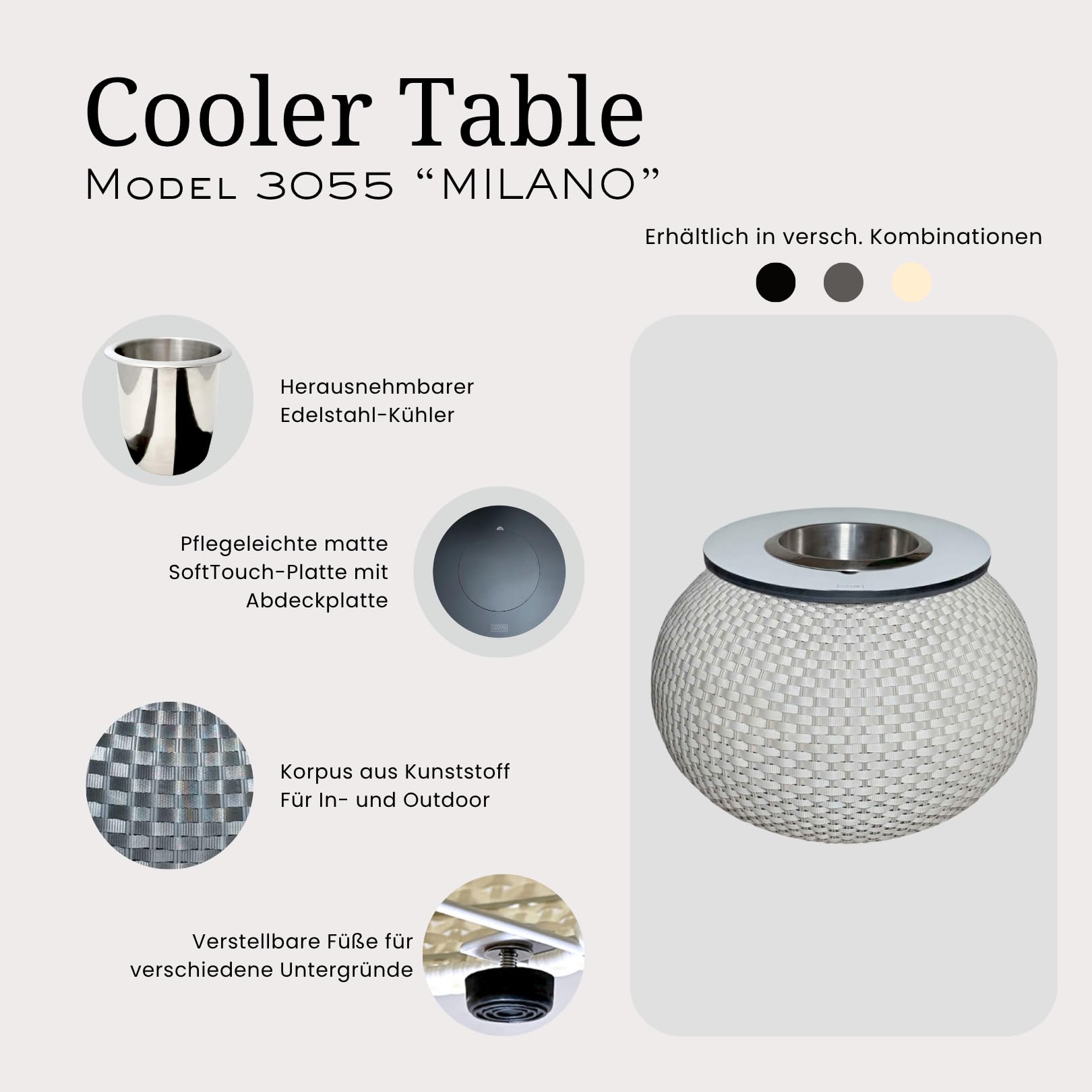 Beistelltisch Milano mit Kühlfunktion & integriertem Edelstahl-Getränkekühler | 3-in-1 Outdoor Loungetisch für Garten, Terrasse & Balkon | wetterfest & UV-beständig | Champagne