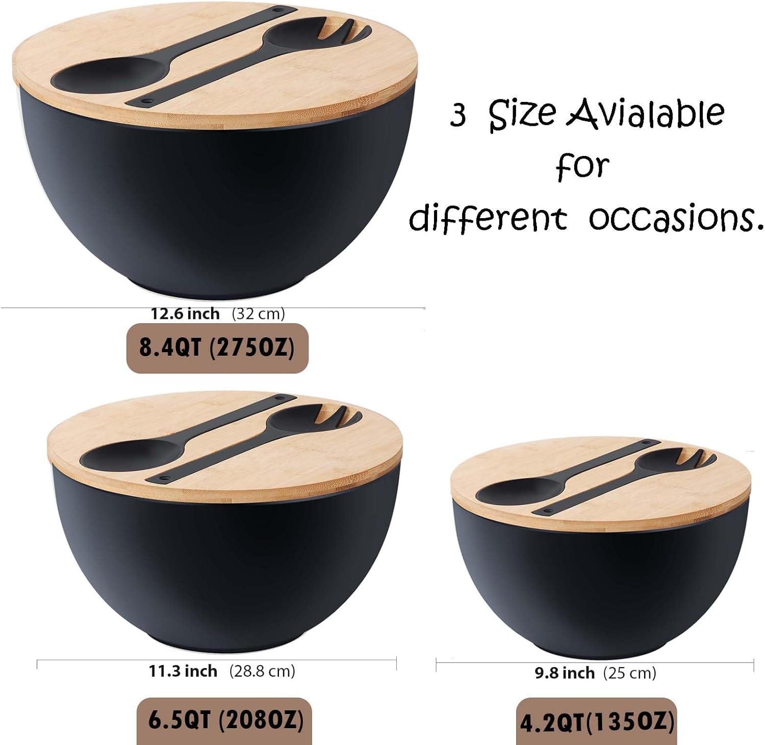 11.3" Extra Large Salad Bowl with Wooden Lid & Servers, 208Oz, Oversized Bamboo Fiber Salad Serving Set with Utensils for Home/Kitchen, Big Lightweight Bowl for Mixing Salad,Fruit,Pasta - Matte Black - Image 3