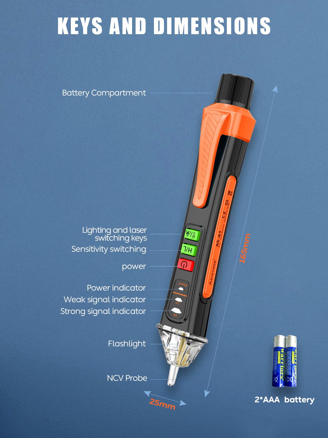 A1 Tester di Tensione/Tester di Tensione Senza Contatto con Range AC 12V-1000V/48V-1000V, Tester per Fili Attivi/nulli, Tester Elettrico con Torcia, Allarme Cicalino