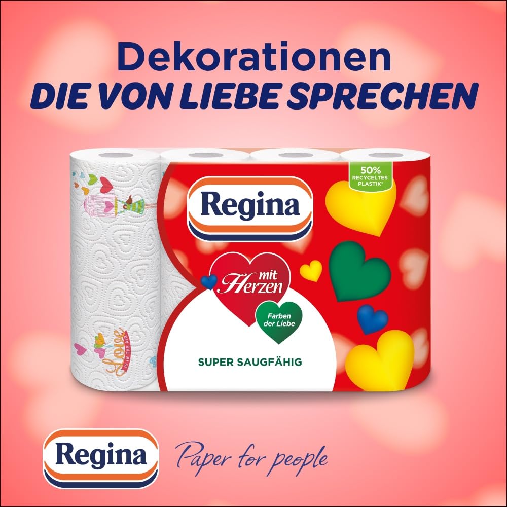 Regina mit Herzen Haushaltstücher - 32 Rollen-Packung (8 x 4 Einzelpackungen), 43 Blatt 3-Lagig, Super Saugfähig, Dick, Beständig, FSC Papier | 8x4 Einzelpackungen, 43 Blatt, 10 Motive sind von der Liebe inspiriert, Super Saugfähig, Dick, Beständig, FSC P