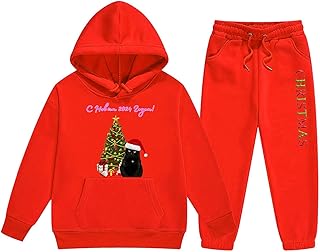 Conjunto de Sudadera con Capucha y Pantalón Deportivo Infantil para Niñas con Diseño de Navideños en Colores Sólidos de Manga Larga