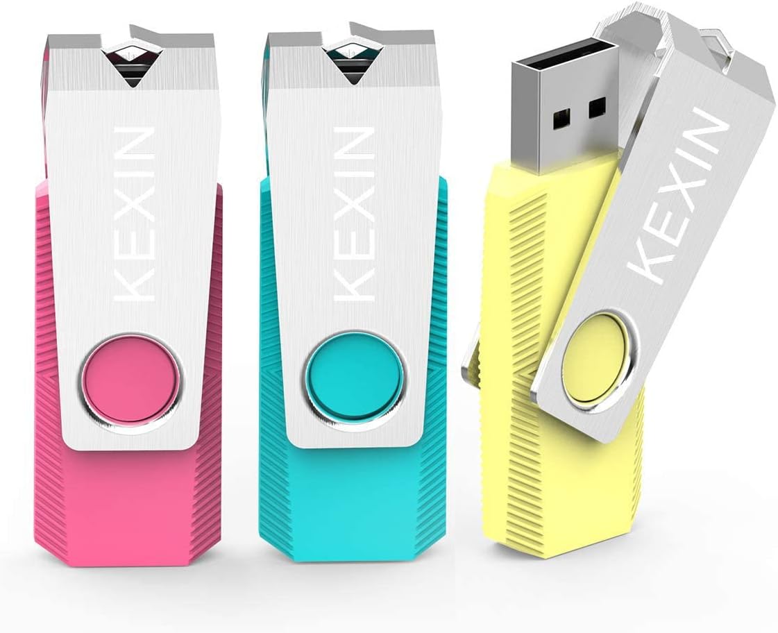 KEXIN 3 Pack 128GB USB Flash Drive 2.0 USB Stick Memory Stick Swivel Thumb Drive External Data Storage Stick Pen Drive with LED Light for PC Laptop Tablet (128gb, 3 Colors: Pink Yellow Cyan)