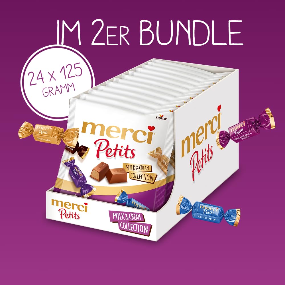 merci Petits Milk and Cream Collection – 2 x 12 x 125g (24 x 125g) – Pralinen-Mix aus nicht gefüllten und gefüllten Schokoladen-Spezialitäten – Schokopralinen einzeln verpackt