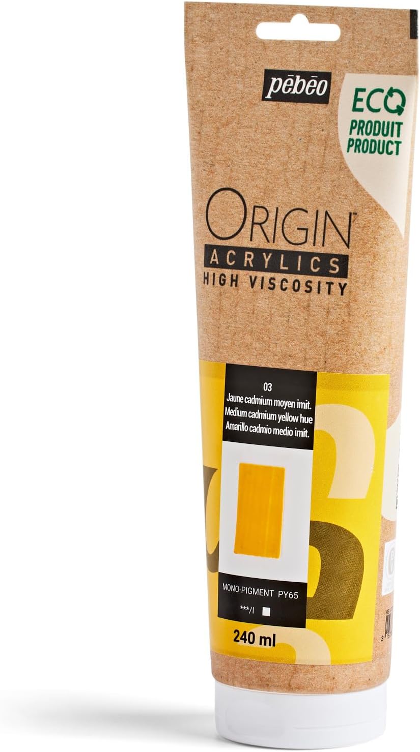 PEBEO Origin - Eco-designed High-viscosity Acrylic Paint - High Pigment Concentration for Intense Color and Excellent Lightfastness - 8.11 Fluid Ounces (240 ml) Tube - Medium Cadmium Yellow Hue