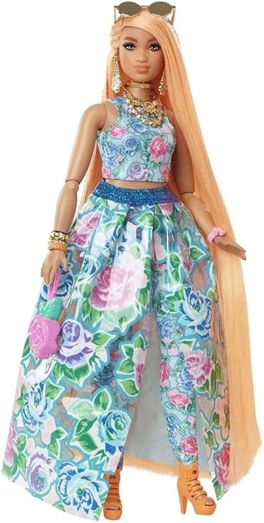 BARBIE BRAND Extra Fancy Doll, Curvy in Floral 2-Piece Gown, with Pet Kitten, Extra-Long Hair & Accessories, Flexible Joints, for 3 Year Olds Up, HHN14, Multicolor