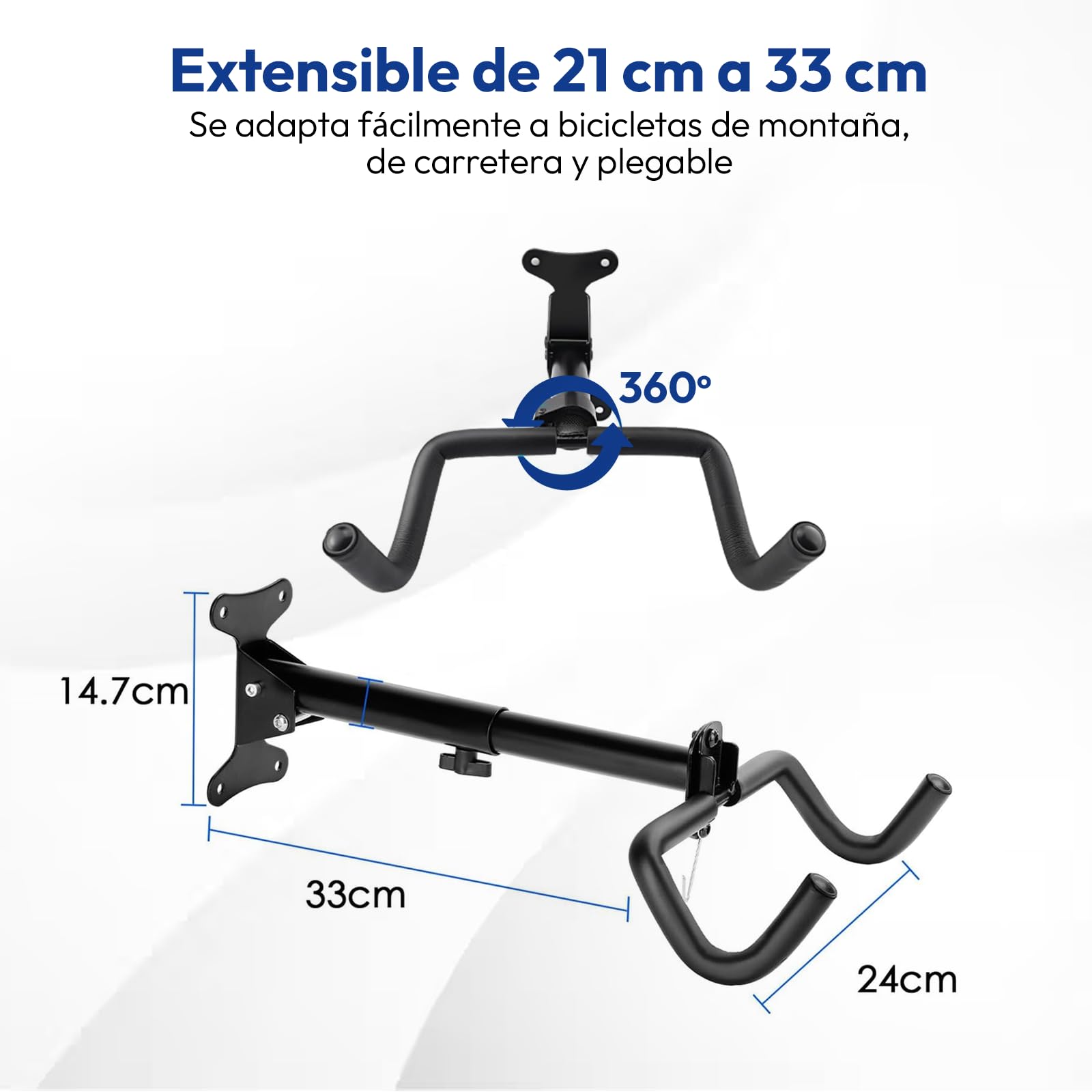 Samos® Soporte Bicicletas Pared Plegable – Colgador de Bicicleta de Universal con Ganchos Revestidos y Estructura de Acero – Soporte Pared Bicicleta Ajustable para Montaña, Carretera o Paseo